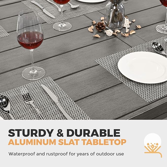 HAPPATIO 9-Piece Patio Outdoor Dining Set - All Aluminum Patio Table and Chairs Set for 8 Includes 1 Rectangular Dining Table, 6 Dining Chairs, and 2 Swivel Chairs with Cushions for Lawn, Deck