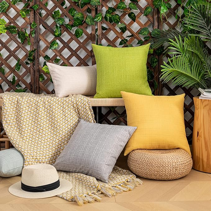 Kevin Textile Pack of 2 Decorative Outdoor Waterproof Pillow Covers Spring Checkered Garden Cushion Sham Throw Pillowcase Shell for Patio Tent Couch 16x16 Inch Green