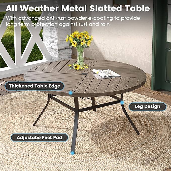 DIFY 7 Pieces Outdoor Patio Dining Set, 6 Sandshell Textilene Swivel Dining Chairs and 53.1" Grey Wood-Like Round Metal Dining Table, Outdoor Table and Chairs