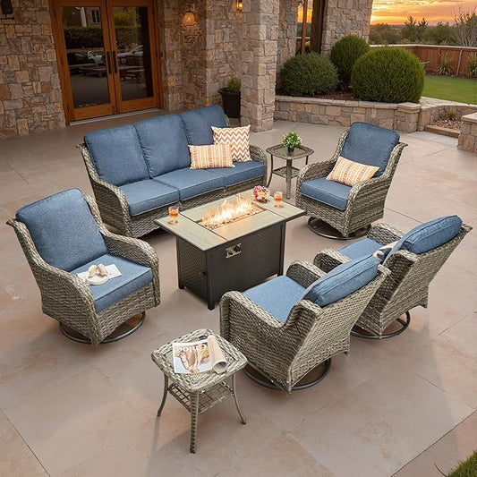 ovios 8 Pieces Patio Furniture Set, Outdoor Wicker Sofa Couch with Swivel Chairs 42" Fire Pit Table, High Back All Weather Modern Conversation Sets, Grey Rattan, Denim Blue
