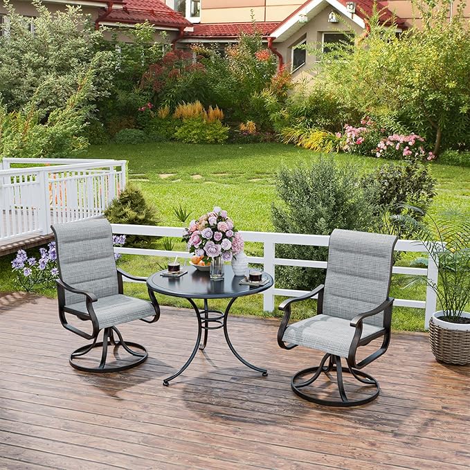 UDPATIO Patio Swivel Chairs Set of 2, Outdoor Dining Chairs High Back with Padded All Weather Breathable Textilene, Metal Rocking Frame for Backyard Lawn Garden, Grey White