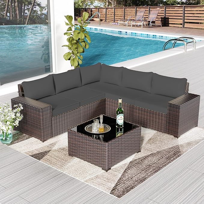 Outdoor Patio Furniture Set, 6 Pieces Outdoor Furniture All Weather Patio Sectional Sofa PE Wicker Modular Conversation Sets with Coffee Table,5 Chairs & Seat Clips (Grey)