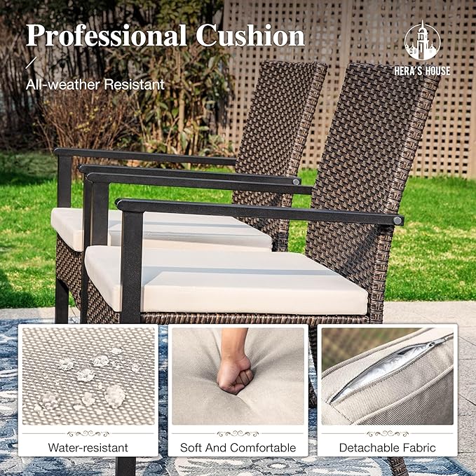 HERA'S HOUSE 7-Piece Patio Dining Set, 6 x Outdoor Rattan Armchair with Removable Soft Cushions and 1 x Rectangular Metal Dining Table, All-Weather Resisitant, Suitable for Lawn, Garden, Backyard