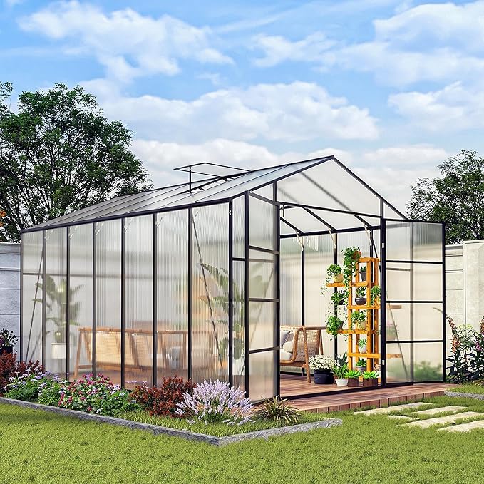 10 * 14 * 8.7FT Greenhouse for Outdoors,Polycarbonate Greenhouse with Stronger Wind Protection and Roof Vent,Walk-in Large Aluminum Sunroom Winter Proof,Black