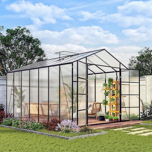 10 * 14 * 8.7FT Greenhouse for Outdoors,Polycarbonate Greenhouse with Stronger Wind Protection and Roof Vent,Walk-in Large Aluminum Sunroom Winter Proof,Black
