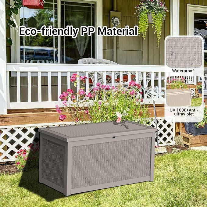 DRATO 320 Gallon Deck Box, Outdoor Large Waterproof Resin Storage Box with Lockable Lid for Patio Cushions, Gardening Tools, Light Brown