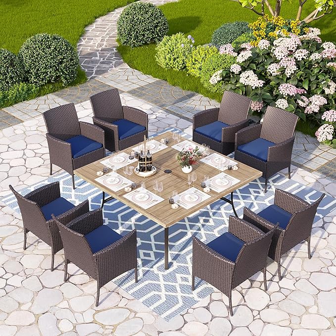 PHI VILLA 9 Pieces Square Outdoor Dining Set for 8, 60” Wood-Like Large Metal Steel Dining Table & Rattan Wicker Chairs with Cushions, Dining Furniture Set for Patio, Deck, Yard, Porch