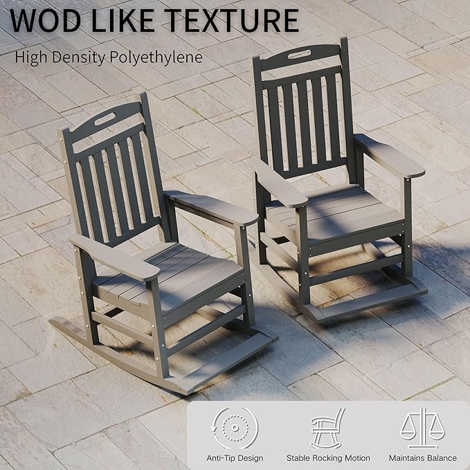 Kingdura Outdoor Rocking Chairs Set of 2, HDPE Plastic Patio Rocking Chair All-Weather Oversized Porch Rocker with High Back for Patio Outside Backyard Balcony (Grey)