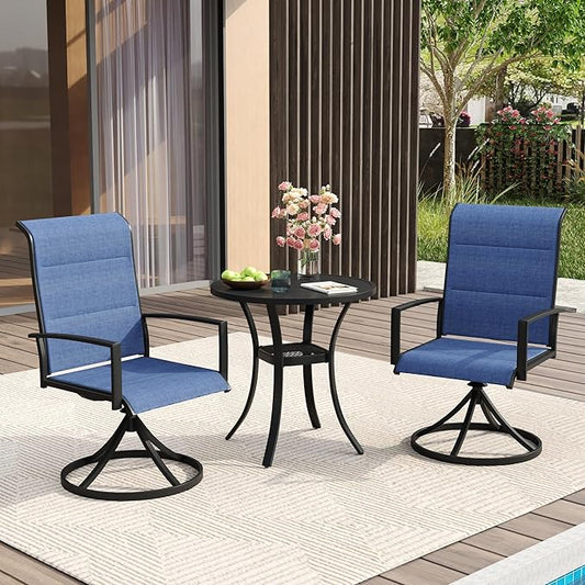 VICLLAX 3 Pieces Patio Dining Set - 27.5" Round Patio Table and 2 Outdoor Swivel Padded Chairs, Black Tabletop and Blue Fabric