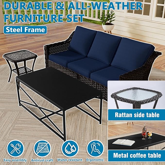 Vista Vibe 5 Pieces Outdoor Rattan Patio Conversation Furniture Set - 78" 3-Seat Sofa | 2 Swivel Glider Rocker Chairs | Wicker End Table | Metal Table, Upholstered Loveseat, Deck (Brown/Navy)