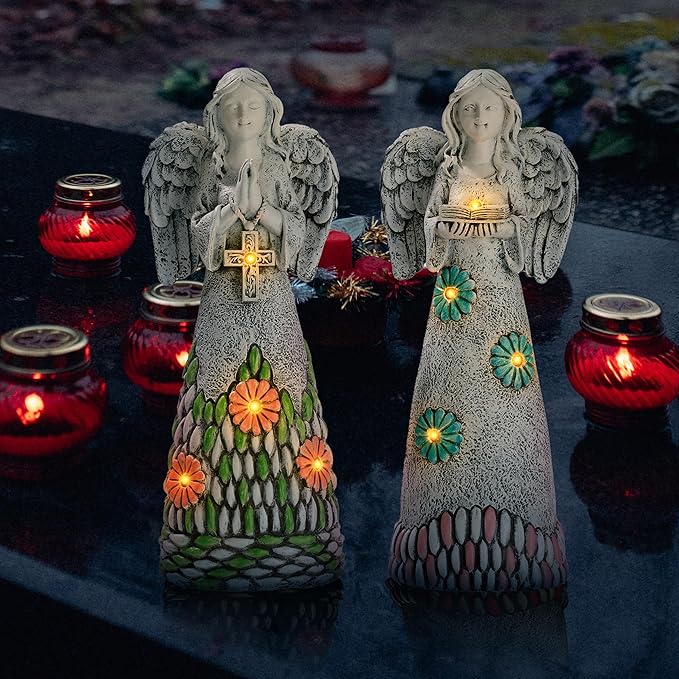 TERESA'S COLLECTIONS Angel Garden Statues with Solar Outdoor Light for Garden Decor, 2 Pack Resin Angel Grave Cemetery Decorations for Outdoor Decor, Memorial Angel Yard Decor Gifts for Mom, 11”