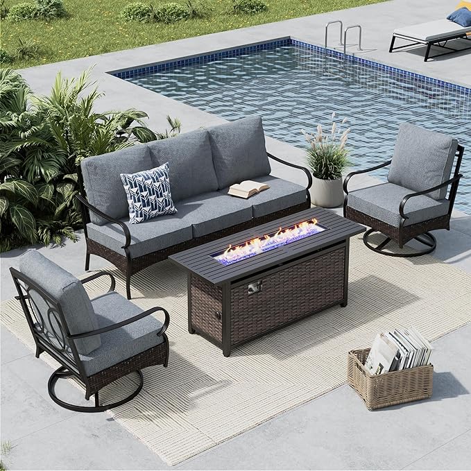 MFSTUDIO 4 Pieces Outdoor Patio Furniture Set, Metal Outdoor Conversation Set, Rattan Wicker Patio Sectional Set with 2 x Swivel Single Sofa, 3-Seat Sofa, 1 x Fire Pit Table, Grey