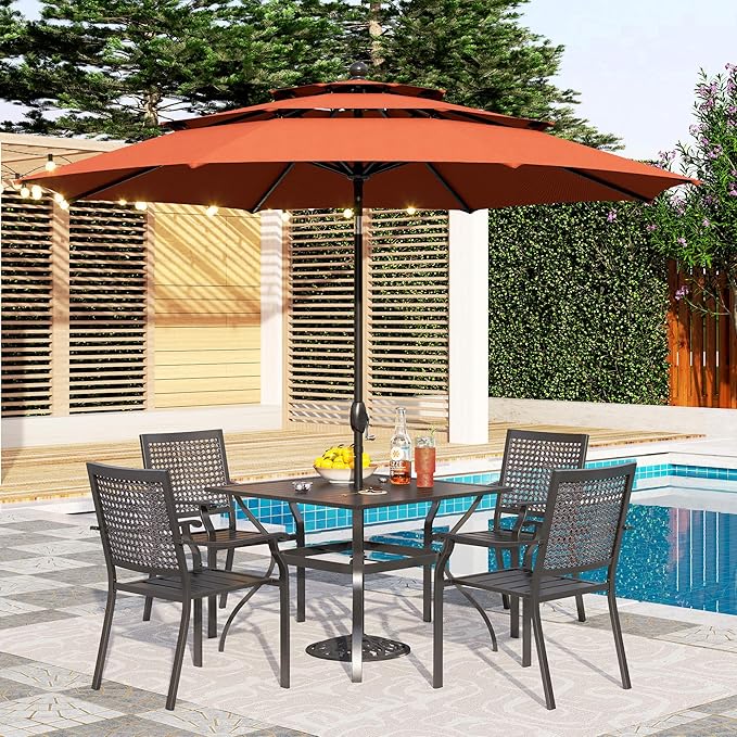 PHI VILLA 5 Pieces Patio Dining Set for 4 with 10ft Patio Umbrella, Metal Outdoor Stackable Wrought Iron Chair Set of 4 & 37" Metal Dining Table,3 Tier Vented Market Table Orange Red Umbrella