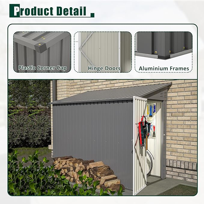 4×8 FT Lean to Metal Shed,Outdoor Heavy-Duty Storage Shed with Floor Base,All Weather Waterproof Garden Tool House W/Lockable Door&2 Air Vents,Reversible Door Design,for Backyard,Patio,Lawn,Gray
