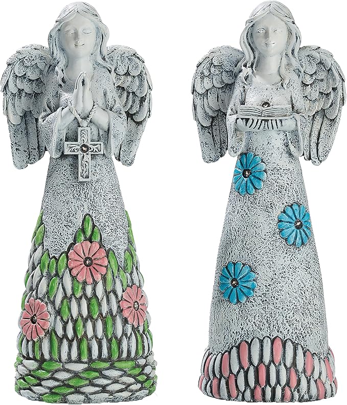 TERESA'S COLLECTIONS Angel Garden Statues with Solar Outdoor Light for Garden Decor, 2 Pack Resin Angel Grave Cemetery Decorations for Outdoor Decor, Memorial Angel Yard Decor Gifts for Mom, 11”