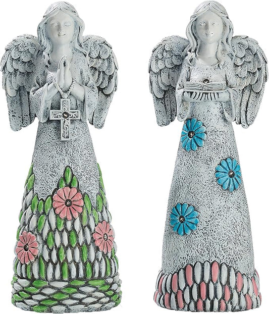 TERESA'S COLLECTIONS Angel Garden Statues with Solar Outdoor Light for Garden Decor, 2 Pack Resin Angel Grave Cemetery Decorations for Outdoor Decor, Memorial Angel Yard Decor Gifts for Mom, 11”