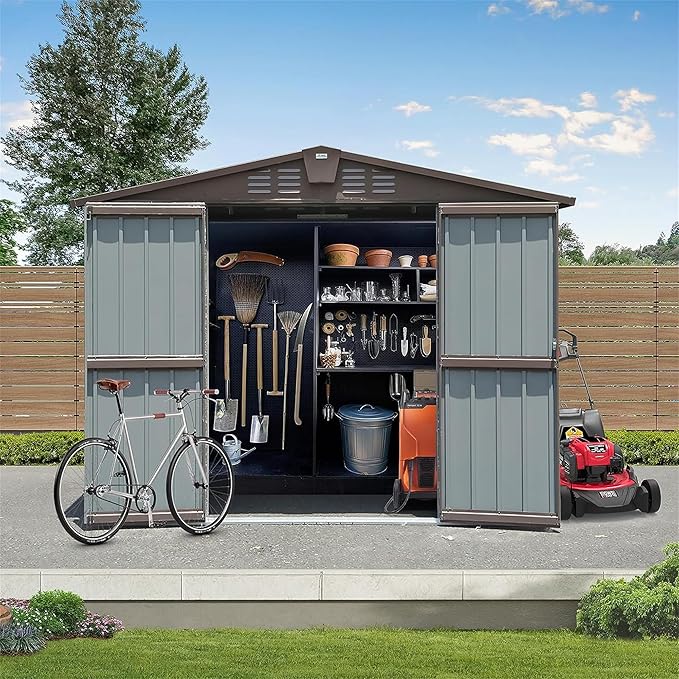 8.2x6.2ft Outdoor Storage Shed, Metal Steel Utility Tool Shed with Double Lockable Doors and Air Vents, Garden Storage for Backyard Patio Lawn