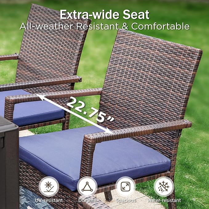 PHI VILLA 7 Piece Outdoor Expandable Dining Table Set for 6, Extendable Rectangular Metal Steel Table and Cushioned Rattan Chairs for Patio, Deck, Yard