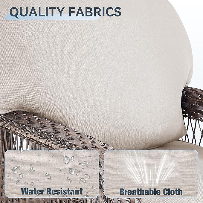 6 Pieces Patio Furniture Set Outdoor Sectional Sofa Couch with Rocking Swivel Chairs 5" Deep Seat Chairs, Modern Wicker Rattan Conversation Set, Beige/Brown Wicker
