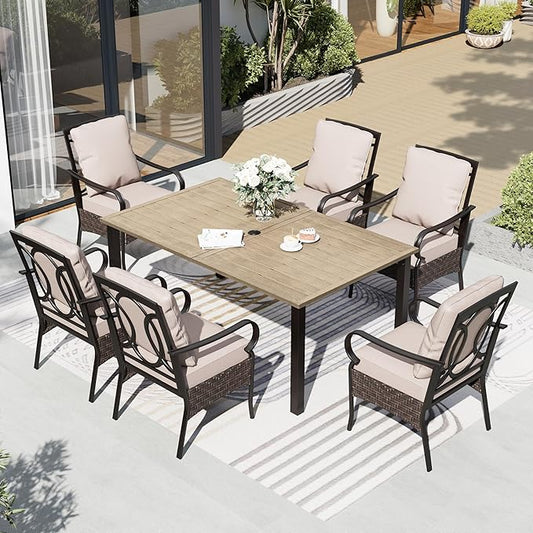 7 Piece Patio Dining Sets for 6, Outdoor Table and Chairs with Cushioned Wicker Patio Dining Chairs & Wood-Like Dining Table (1.61-2”Umbrella Hole), Outdoor Dining Sets for Backyard