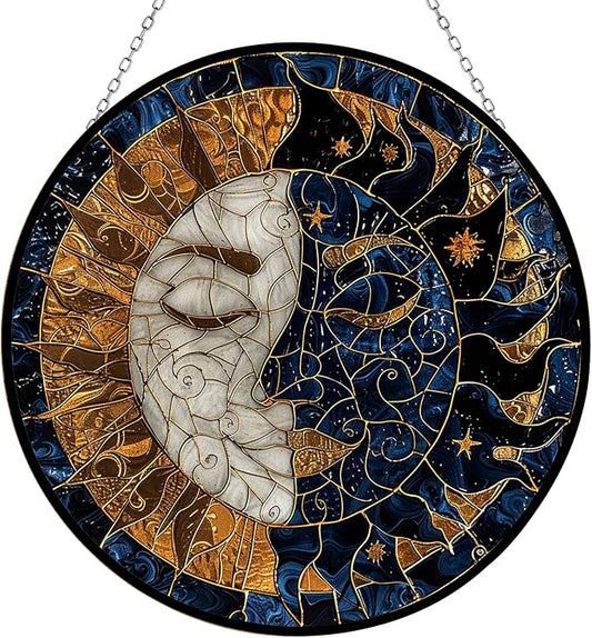 Customized Sun and Moon Stained Glass Suncatcher Stained Glass Window Hanging Home Decor Garden Halloween Christmas Party Wedding Housewarming Gifts