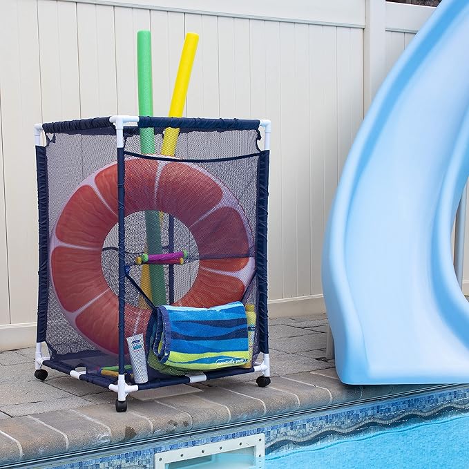 Essentially Yours Rolling Pool Storage Organizer Bin, Medium, (25.4" W x 25.4" L x 40" H), Blue / White Style 417227