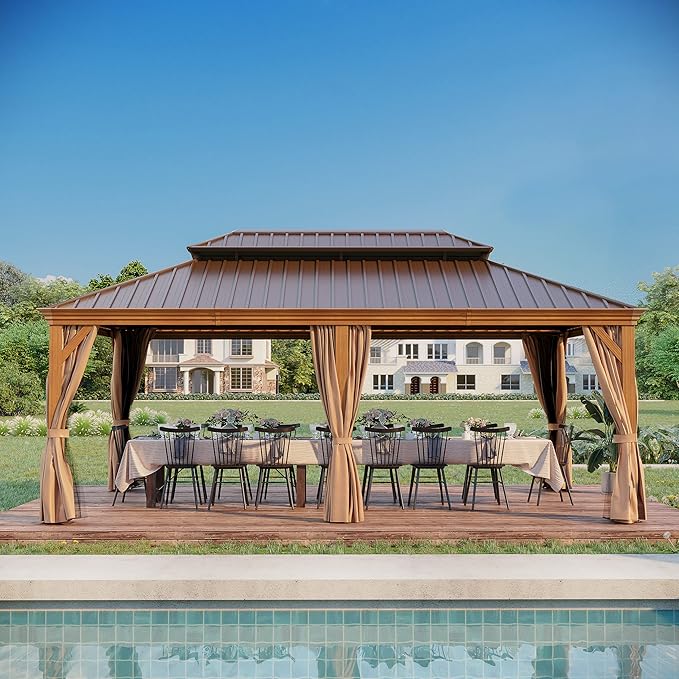 12' X 20' Hardtop Gazebo, Aluminum Wood-Looking Frame Outdoor Permanent Galvanized Steel Double Roof Pavilion Pergola Canopy with Privacy Curtains for Garden, Patio, Backyard, Deck and Lawns.