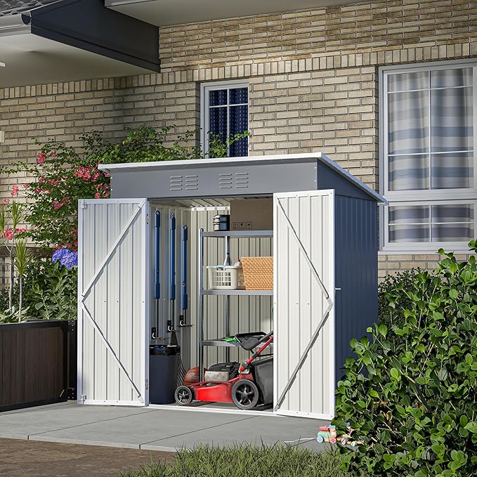 6x4 FT Outdoor Metal Storage Shed with Frame Floor & Sloping Roof, Lockable Double Door, Weatherproof Steel Garden Shed for Tools, Lawn Equipment & Patio Supplies