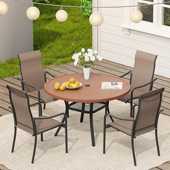 VICLLAX Outdoor Patio Round Dining Table, 41.7"x 41.7" Plastic Tabletop with Storage Shelf for Deck Lawn Garden Backyard, Walnut