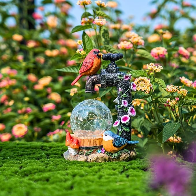 TERESA'S COLLECTIONS Garden Decor, Cardinal Garden Decor, Cute Cardinal and Faucet and Solar Light Glass Ball, Waterproof Resin Garden Statues, Cardinal Gifts, Birthday Gifts for Women Mom, 6"