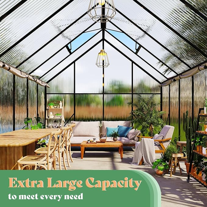 Amerlife 8x8x7 FT Outdoor Polycarbonate Greenhouse, Walk-in Aluminum Frame Design with Two Windows & Swing Door, Durable Garden Structure in Black
