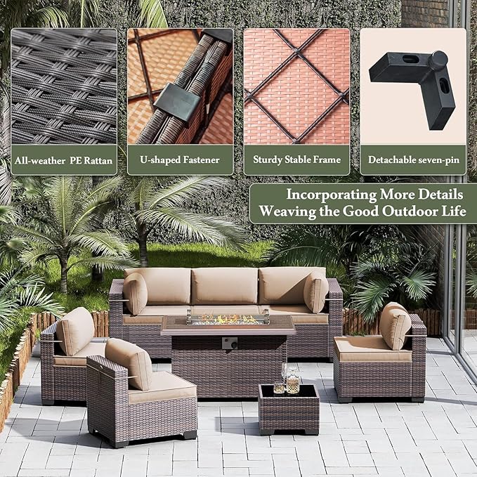 Outdoor Patio Furniture Set with Propane Fire Pit Table, 8 Pieces Outdoor Furniture Patio Sectional Sofa Conversation Set w/ETL Approved 43" Gas Outdoor Fire Table & Coffee Table Brown
