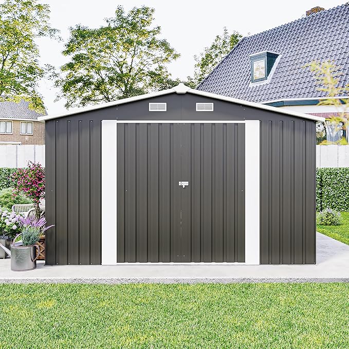 10x14 FT Outdoor Storage Shed, Metal Shed with Floor, Lockable Door & Vents, All-Weather Resin Shed for Garden, Backyard, Patio, Lawn, Dark Gray
