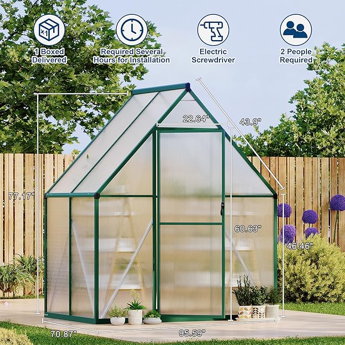 6X4 ft Polycarbonate Greenhouse with Aluminum Frame, Polycarbonate Greenhouse for Outdoors, Greenhouses with Ventilation, Aluminum Large Walk-in Greenhouses for Outside