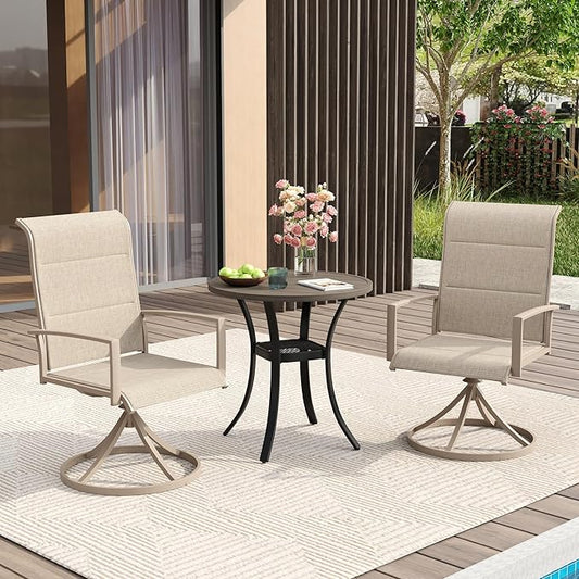 VICLLAX 3 Pieces Patio Dining Set - 27.5" Round Patio Table and 2 Outdoor Swivel Padded Chairs, Grey Wood Grain Tabletop and Sanshell Fabric