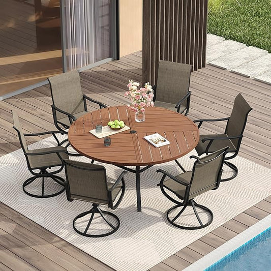 VICLLAX 7 Pieces Patio Dining Set for 6, Outdoor Furniture Set Includes 47.2" Outdoor Round Table and 6 Patio Swivel Chairs for Lawn Garden, Walnut Tabletop and Mixed Brown Fabric