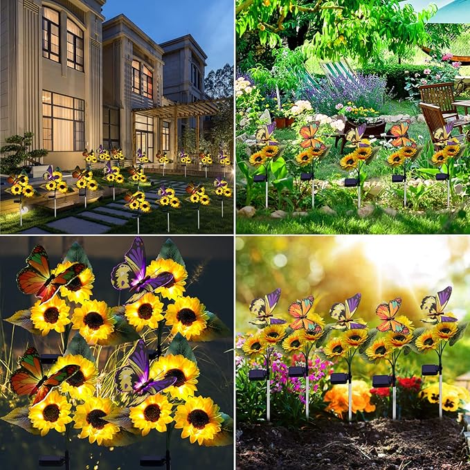 ANGMLN Solar Sunflower Outdoor Garden Lights, 2 Pack Solar Flower with Butterfly Waterproof Garden Decor, Gifts for Mom Grandma, Waterproof Decorative Lights for Pathways Patios and Yards Decorations