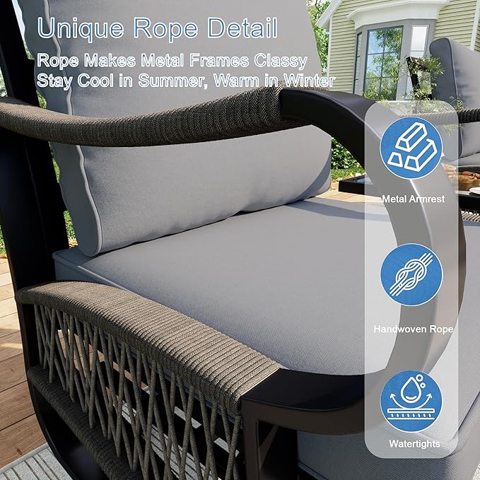 4 Pieces Patio Conversation Sets, All Weather Metal Outdoor Furniture Set, 3-Seater, 2 Single Chairs, 1 Fire Pit Table for Backyard Garden Deck Porch Poolside, Gray
