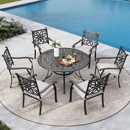 MFSTUDIO 7 PCS Cast Aluminum Patio Dining Set, Retro Design Outdoor Patio Table and Chairs with 6 Wide Dining Chair and 1 54" Round Aluminum Outdoor Dining Table