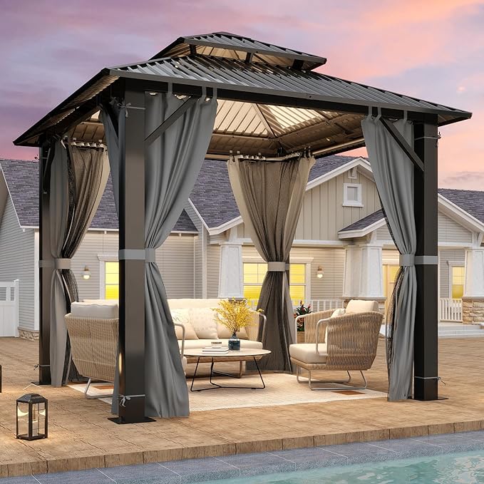 8.5' x 8.5' Hardtop Gazebo, Galvanized Steel Double Roof Gazebo with Nettings and Curtain Outdoor Aluminum Frame Vertical Stripes Roof Gazebos for Patio, Backyard, Lawn