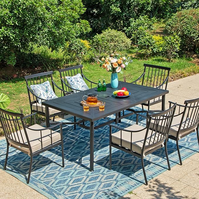 Sophia & William 7 Pieces Metal Patio Dining Set, Rectangle Outdoor Table of 1.77" Umbrella Hole and 6 Armchairs with Seat Cushions, Outdoor Conversation Furniture for Porch Backyard Balcony Deck