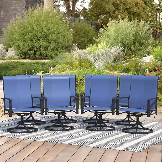 Patio Swivel Chairs Set of 8, Outdoor Swivel Chairs with Armrest, High Back Patio Chair with Metal Frame, All-Weather Outdoor Dining Chair for Deck, Porch and Lawn, Blue