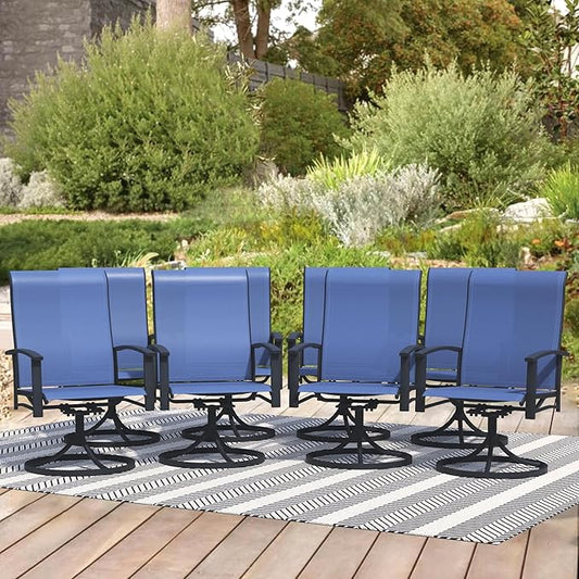 Patio Swivel Chairs Set of 8, Outdoor Swivel Chairs with Armrest, High Back Patio Chair with Metal Frame, All-Weather Outdoor Dining Chair for Deck, Porch and Lawn, Blue