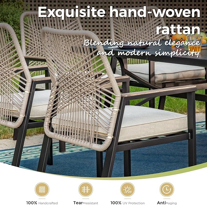 Patio Wicker Chair Sets of 2, Outdoor Dining Chairs with 3.1 inch Seat Cushions, Sturdy Metal Frame & Wood Grain Armrest, Beige