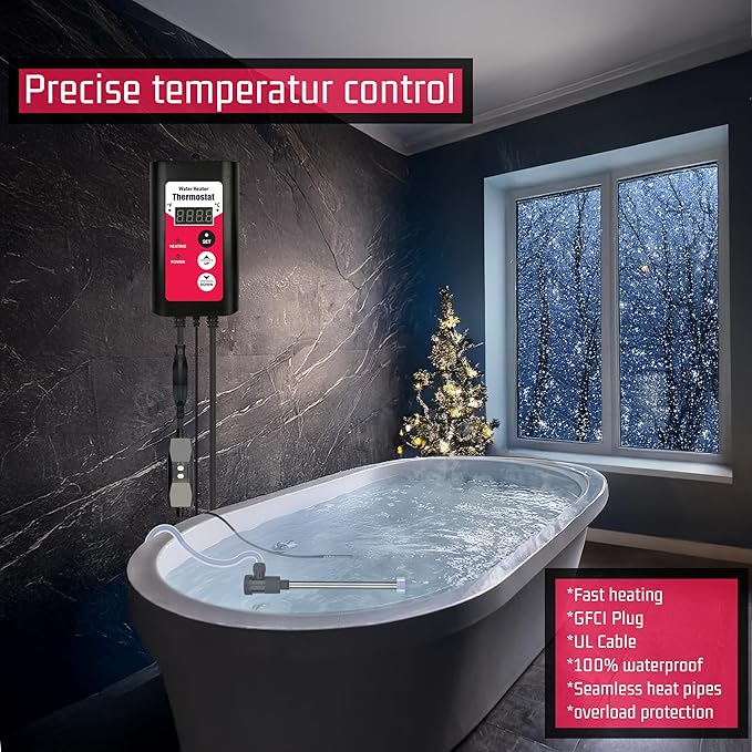 1800W Immersion Water Heater Portable Electric Hot Tub & Pool Fully Submersible Water Heater with Thermostat, GFCI Leakage Protection for Bathtub, Buckets, Swimming Pool, Baptistry, Pools