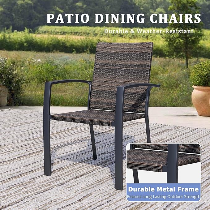 Outdoor Dining Chairs Set of 2, Stackable Patio Chairs with Woven Rattan Back & Seat, Perfect for Patio, Garden, or Deck, Rattan Gray Brown