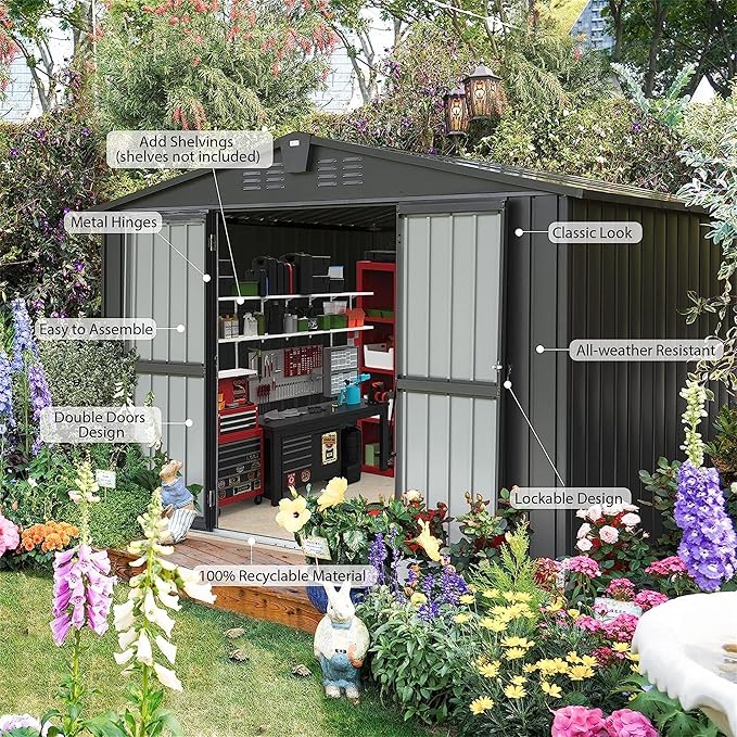 10x8ft Outdoor Storage Shed, Galvanized Steel Garden Shed with Sloping Roof, Lockable Double Doors and 32 Vents, Large Capacity Utility Tool Storage for Backyard Patio