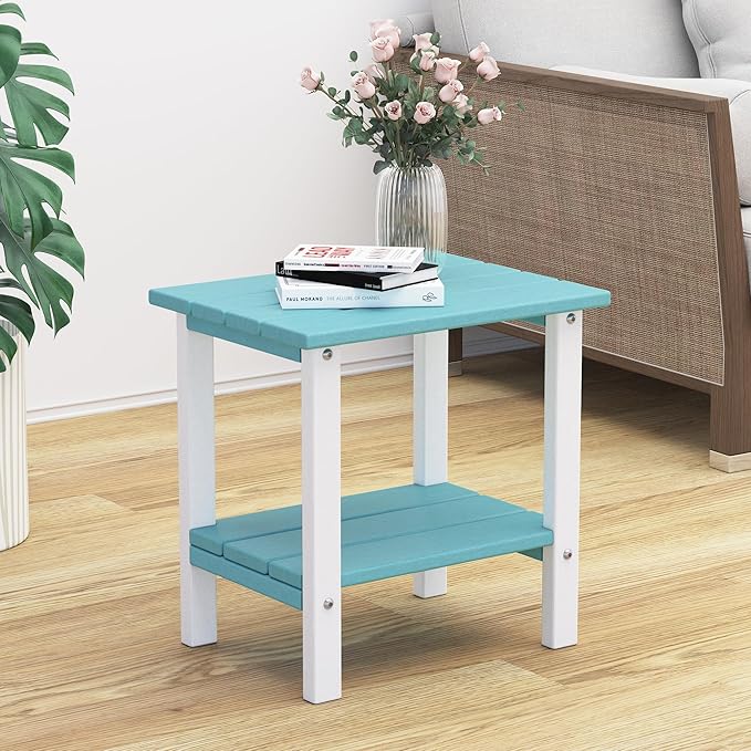 OTSUN Outdoor Side Table, 16 Inch Square Patio Table, All Weather Porch Table for Balcony, Backyard, Lawn, Indoor Outdoor Companion (Aruba Blue & White)