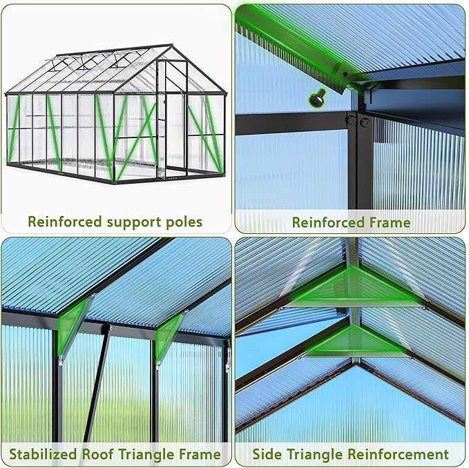 Wanan 14x8FT Greenhouses for Outdoors, Quick Assembly Polycarbonate Green House with UV Protection, Heavy Duty Windproof Aluminum Frame, Adjustable Roof Vent for Backyard or Outdoor Garden Use