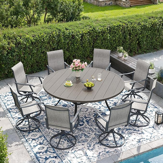DIFY 9 Pieces Outdoor Patio Dining Set, 8 Grey Textilene Swivel Dining Chairs and 60" Grey Wood-Like Round Metal Dining Table, Outdoor Table and Chairs